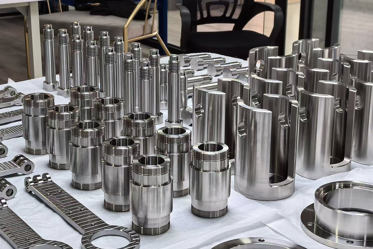 Precision CNC turned components and milled stainless parts arranged for inspection before shipment